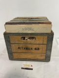 Vinyl Record Collection in Vintage Wood & Steel Milk Crate, two signed by artist, approx 50-75 pcs