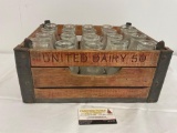 Vintage Lacquered Steel & Wood United Dairy 50 Milk Crate, 12 Milk Bottles, 1/2 Pint size