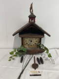Vintage 1969 New England Clock Co American Cuckoo Clock, Pinecone weights, Schoolhouse design