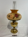 Vintage Aladdin Hurricane style Parlor Lamp, 24 inches tall, Rose pattern pale orange Shade