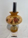 Vintage Hurricane Lamp, Glass Base, Rose patterned pale orange shade, 20.5h x 11.5d inches