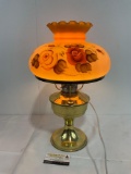 Vintage Electrified Hurricane Lamp, brass Base, Rose patterned pale orange shade, tested & working