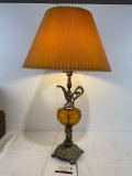 Vintage Brass Cherub & Amber Glass Table Lamp, 32 inches tall, shade is 18 inches in diameter