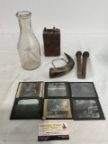 6 Antique Photos Glass, Milk Bottle, Powder Horn, Train Stakes & Antique Ford Model T Ignition Coil
