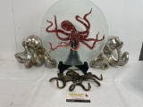 Octopus Collectibles, Lovely Fused Glass Plate, Metal piece & Pair of Bookends