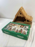 2 pcs Vintage Nativity Christmas Ornament Set. Painted Resin Figures & Wood Barn. See pics.