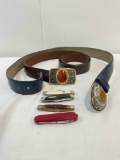 6 pcs Vintage Accessories. 2x Leather Belts w/ Agate Buckles & 4x Pocket Knives. See pics.