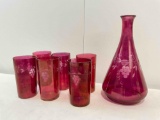 7 pcs Vintage Cranberry Glass Etched w/ Leaves Assortment. 6 Cups & 1 Decanter. See pics.
