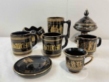 8 pcs Vintage Hand Painted Greek Black & 24k Gold Ceramic Dish Assortment. See pics.