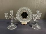 Crystal Lofty Japanese Quartz Mantel Clock, & Pair of Crystal Candelabras