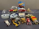 Collection of Diecast Cars, Clock Wagon, 2 Tiny RC Cars, PT Cruiser, Tesla Hot Wheels,