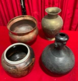 4 pcs Vintage Decor Assortment. Peruvian? Pot, Copper Pot, Brass Vase & More! See pics.