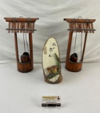 3 pcs Vintage Japanese Wooden Art Assortment. 2 Bamboo Well Statuettes, 1 Thermometer. See pics.