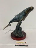 Vintage Painted Cast Metal Humpback Whale Statue, 11 inches tall