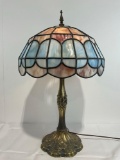 Tiffany-Style Stained Slag Glass Table Lamp, double light, tested & working, 27 inches tall