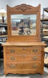Antique Oak Three Drawer Dresser w/ Tall Revolving Mirror. Excellent Condition. See pics.