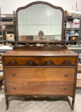Antique Handsome Walnut Wooden 4-Drawer Dresser w/ Mirror & Carved Details. See pics.