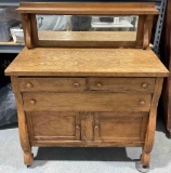Vintage Tiger Oak Wooden Sideboard w/ Mirrored Backsplash. Very Good Condition. See pics.