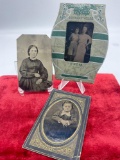 3 x antique Mid 1800's Tin type photos , young woman, little girl , mother daughter ? see pics