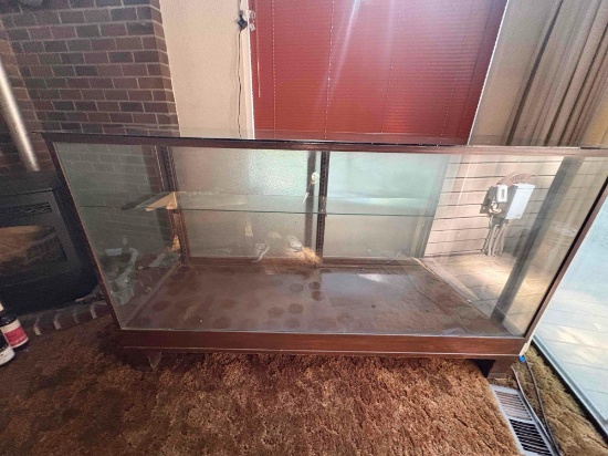 Large Antique Wooden and glass display case w/ 1 glass shelf & sliding glass doors