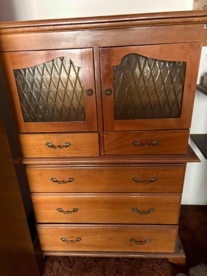 Vintage gentleman's Tall boy dresser w/ top shelf compartments w glass doors See pics