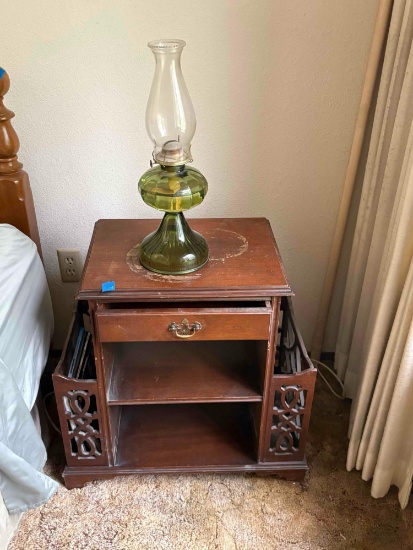 Small 1940's Mahogany Bed side table & magazine rack & Aladdin Oil lamp w/ green base