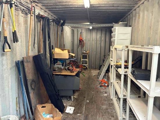 Items in 40" Container Shelving , tools , radial Arm saw , Buckets with cains & hooks , Ladder PLUS
