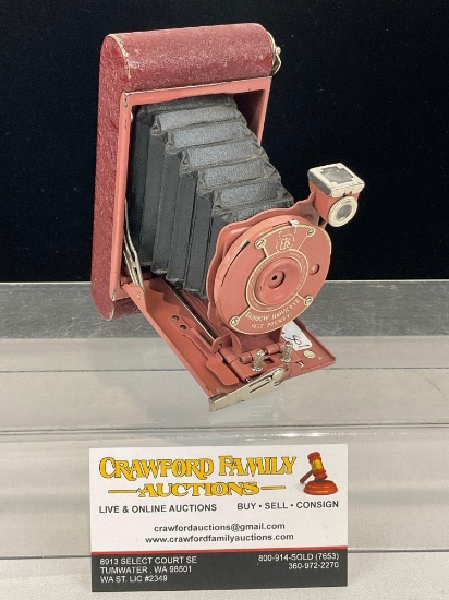 1930s Eastman Kodak Co. Rainbow Hawk-Eye Vest Pocket Camera, in Maroon finish, uses 127 film