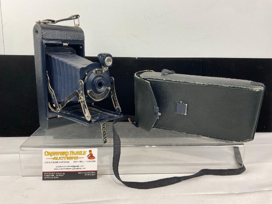 Eastman Kodak Co. No.1A Pocket Kodak Junior Camera, in dark cobalt blue finish w/leather case