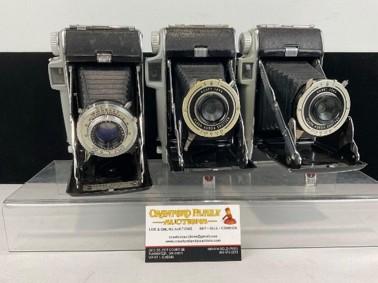 3x Vintage Kodak Tourist Film Cameras, 2 w/Kodet Lens Flash Kodon Shutters, Folding style