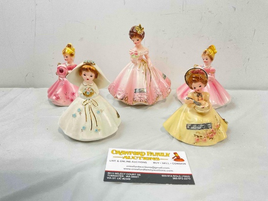 5 pcs Vintage Josef Originals Ceramic Lady Figurines, incl. Jan. Birthstone, Mary-Lou & More!