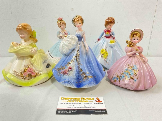 5 pcs Vintage Josef Originals Ceramic Lady Figurines, incl. 1x Music Box. Fair Condition. See pics.