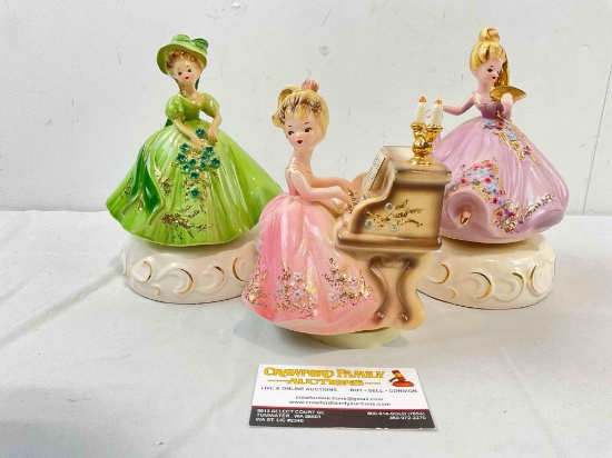 3 pcs Vintage Josef Originals Ceramic Lady Music Boxes. Good Condition. See pics.