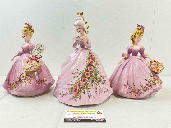3 pcs Vintage Josef Originals Ceramic Lady Figurines in Purple Dresses, incl. Jeanne. See pics.