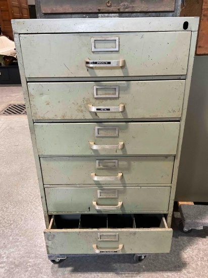 Vintage Military Drab Green Painted Metal Tool Cabinet w/ 6 Drawers. Good Condition. See pics.