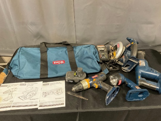 Ryobi Drill-Driver P201, Circular Saw 501, & Reciprocating Saw P510, nylon case, tested & working