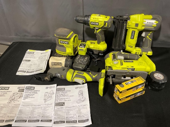 Ryobi Jig Saw P5231, 18 ga Brad Nailer P320, Power Base w/oscillating multitool, & Drill w/battery