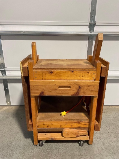 Handmade Wheeled Worktable w/Folding Leaves, Drawer & Power Outlet, custom brake on bottom