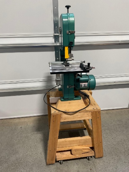Grizzly Industrial 9 inch Bandsaw model G1052, on custom wooden wheeled base, 61x25x27 inches