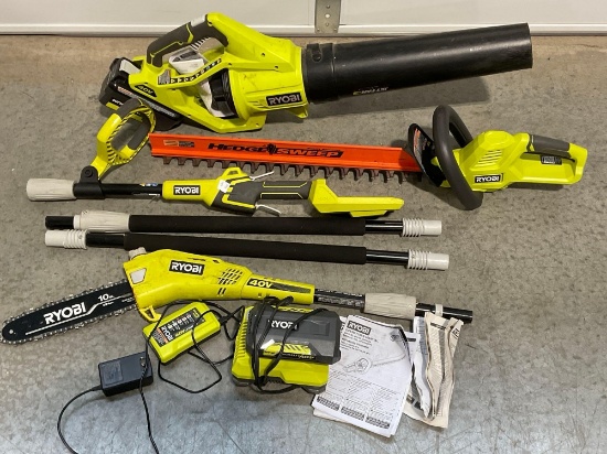 Ryobi 40v Tools, Leaf Blower, Hedge Trimmer, Multitool w/10 inch Chainsaw limber W/ batteries