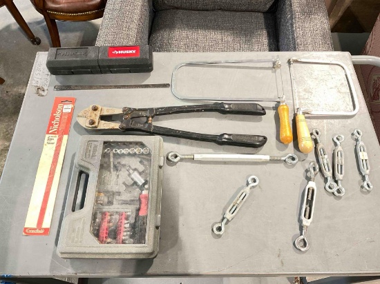 13 pcs Hand Tools & Supplies Assortment, incl. Coping Saws, Turn Buckles, 18" Bolt Cutters.