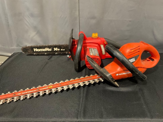 Homelite 14 inch Chainsaw & Black & Decker Hedgehog, both electric, used previously
