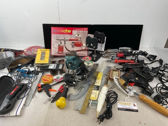 Assorted Hobby Supplies, Paasche Airbrush set w/box, Soldering Irons, Hand Drills, Stencils & more