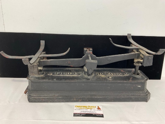 Early 20th Century Cast Iron Scale, Force 10 Kilos, one tine broken off, 9h x 21w x 10d inches