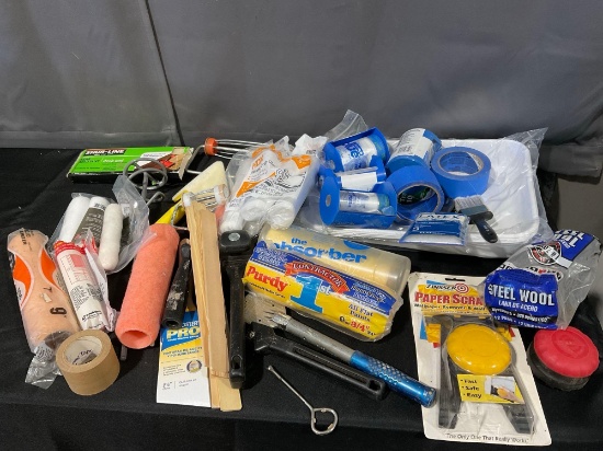 Tub of Painting Supplies, Rollers, Scrapers, Tape, Steel Wool, Paint Stirrer, & more