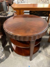 Scalloped Round Mahogany Finish Wood Two-Tier Side Table.