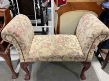 Vintage Chippendale Style Rolled Arm Window Bench w/ Taupe Floral Upholstery. See pics.