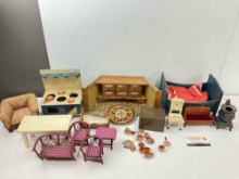 30+ pcs Vintage Miniature Collection, incl. Wooden Furniture, Spice Drawers, Metal Stove & More!