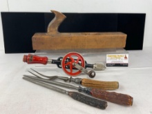 Vintage Wood Plane (no blade), Miller Falls Tools hand Drill, & Set of 3 Carving Tools