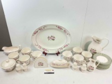26 pcs Martha Stewart Everyday White China Dish Set w/ Purple & Green Hydrangea Design.